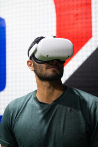 Baseball player in WIN Reality VR training headset.